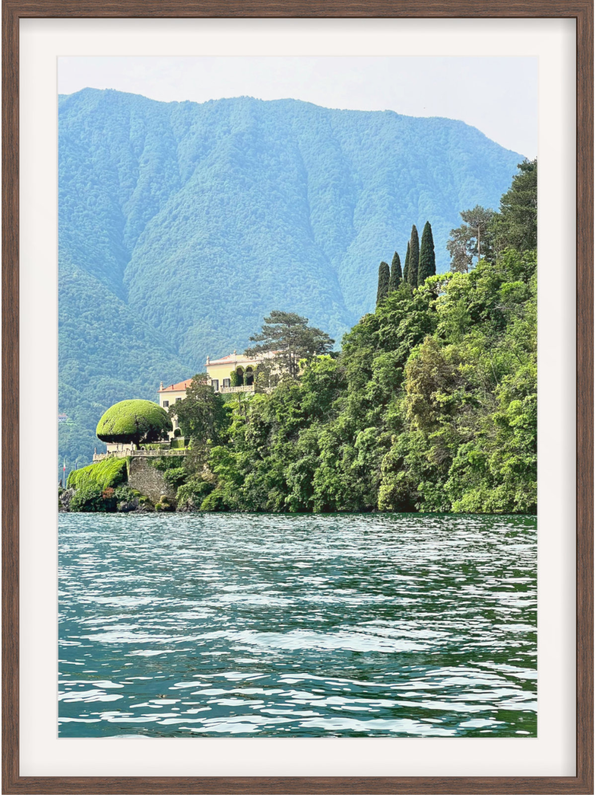 Framed photograph of a scenic landscape with a house on a hill overlooking a lake.