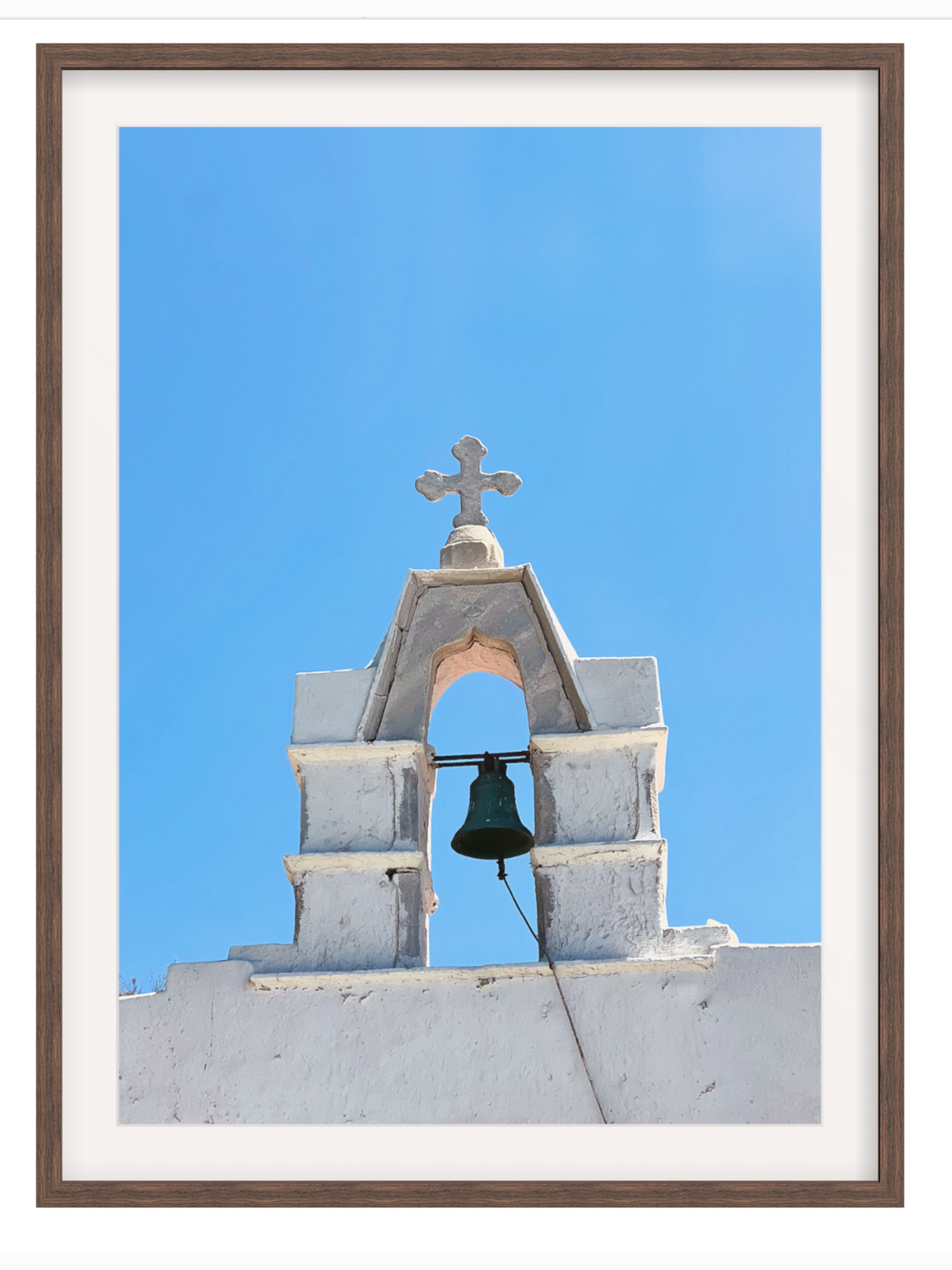 Dark brown wood framed Mykonos bell tower print