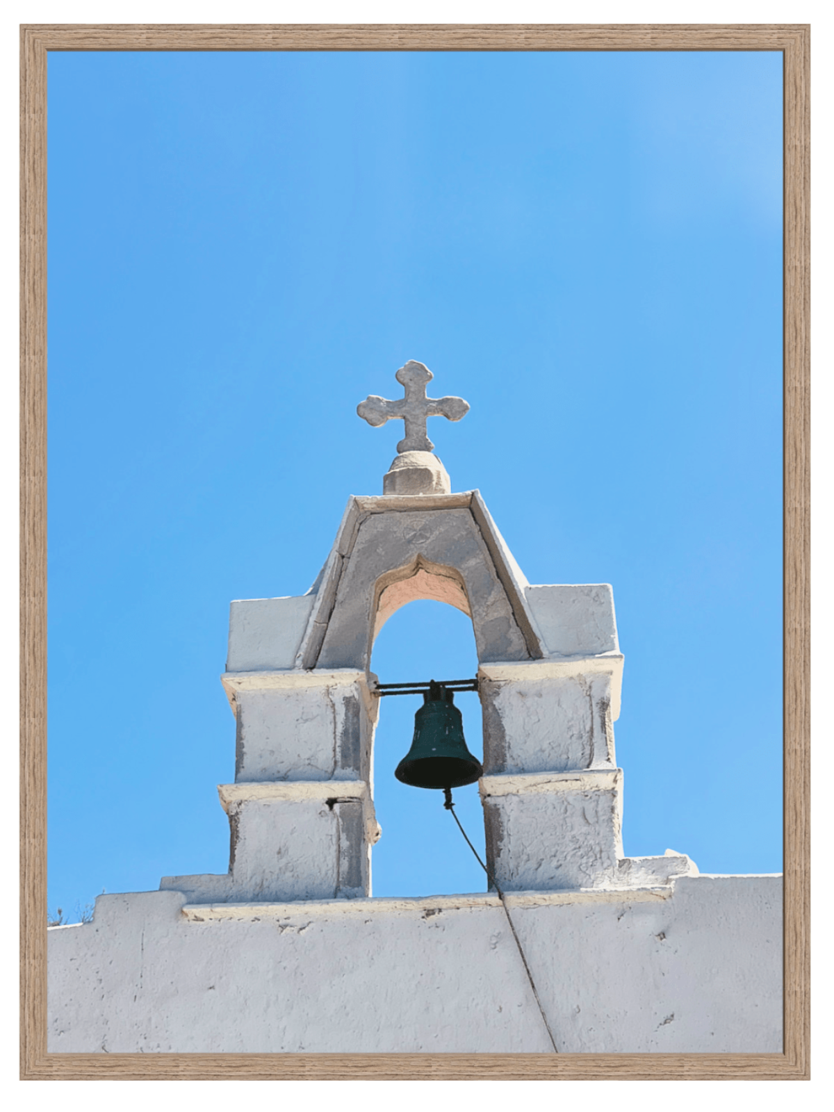 Mykonos stone church tower wall art with natural wood mat