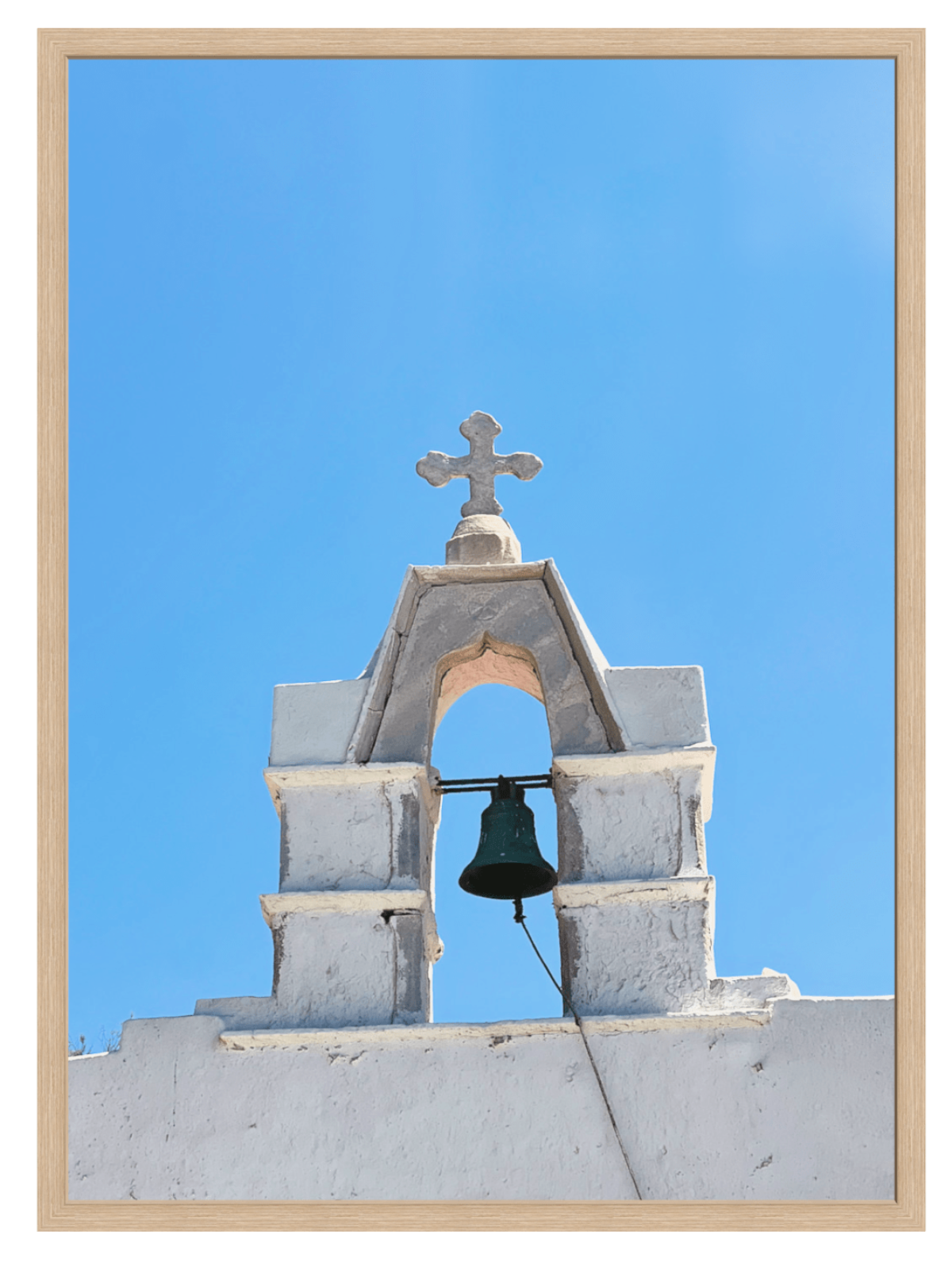 Symmetrical Greek island tower print in light natural wood