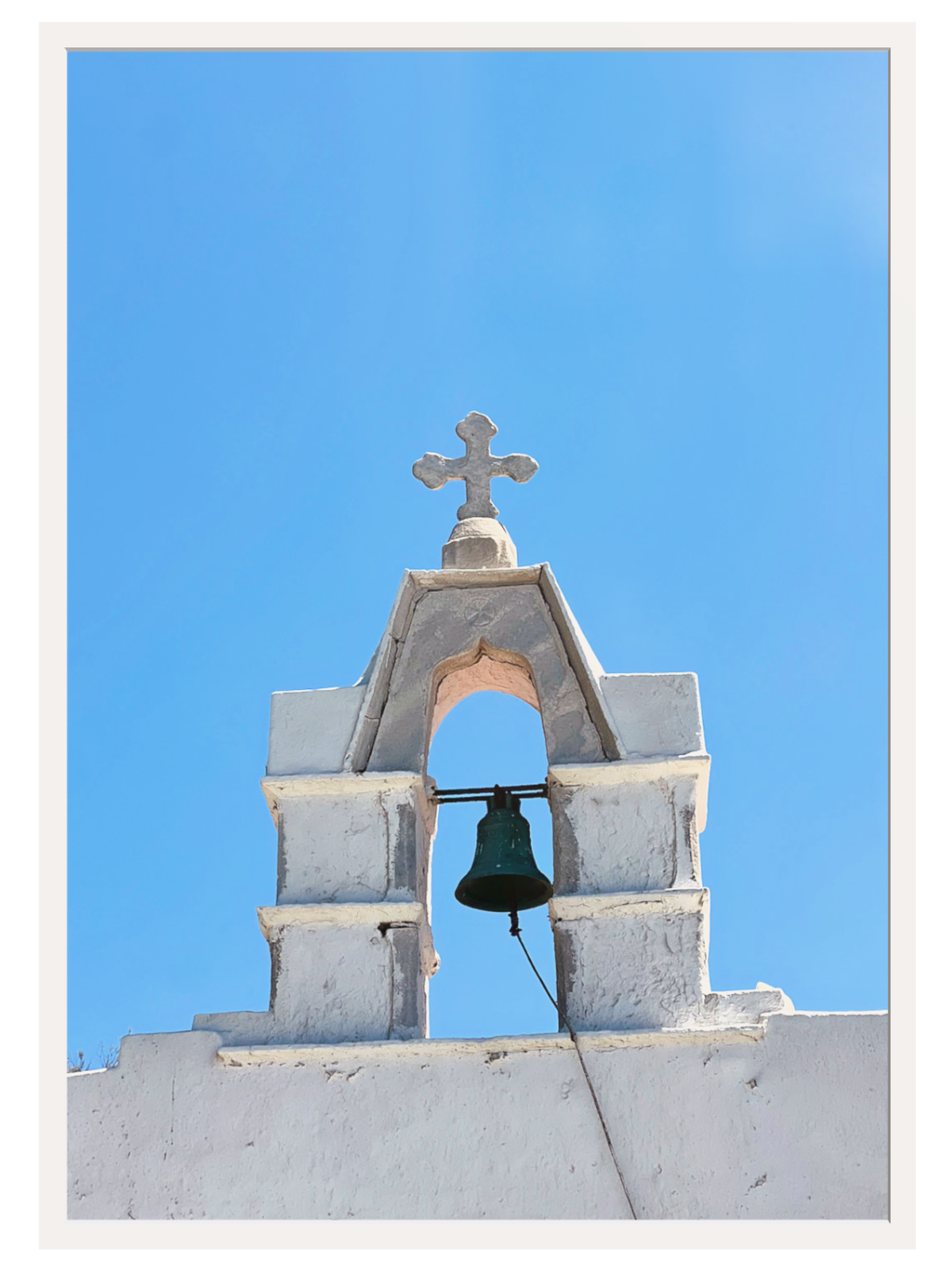 Greek island whitewashed bell tower print in cream frame