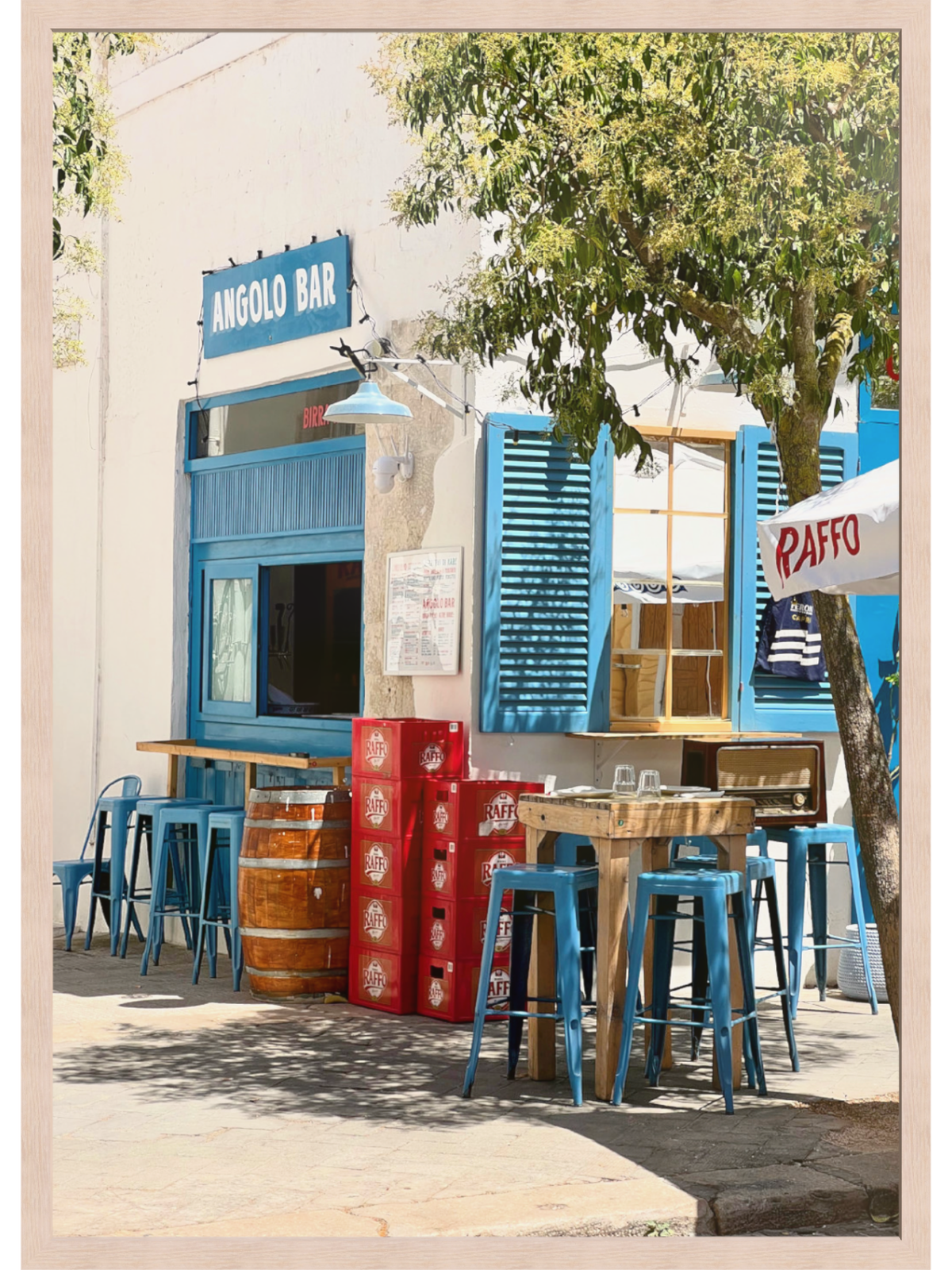 Ostuni Italy white building blue shutters bar scene framed wall art light wood