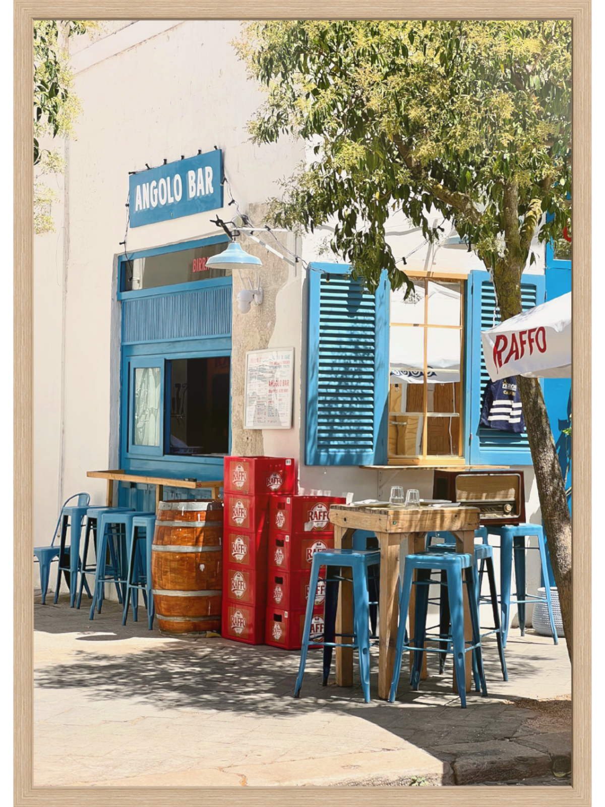 Italian coastal bar vintage radio red crates framed wall art light wood mat