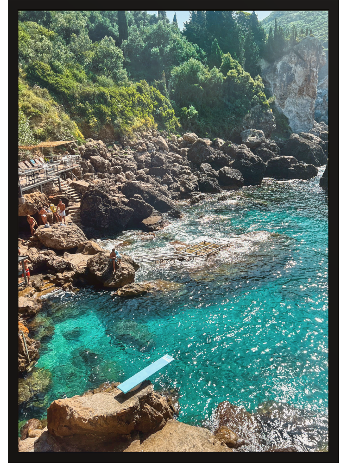 Paleokastritsa Greece coastal wall art print unframed with thin black border and vibrant sea