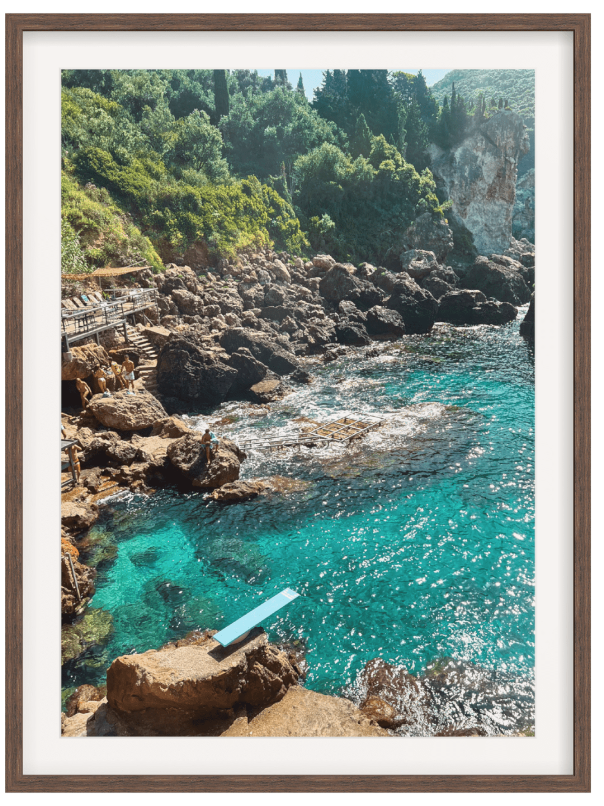 Paleokastritsa Greece coastal wall art print in dark wood frame with turquoise sea and diving board