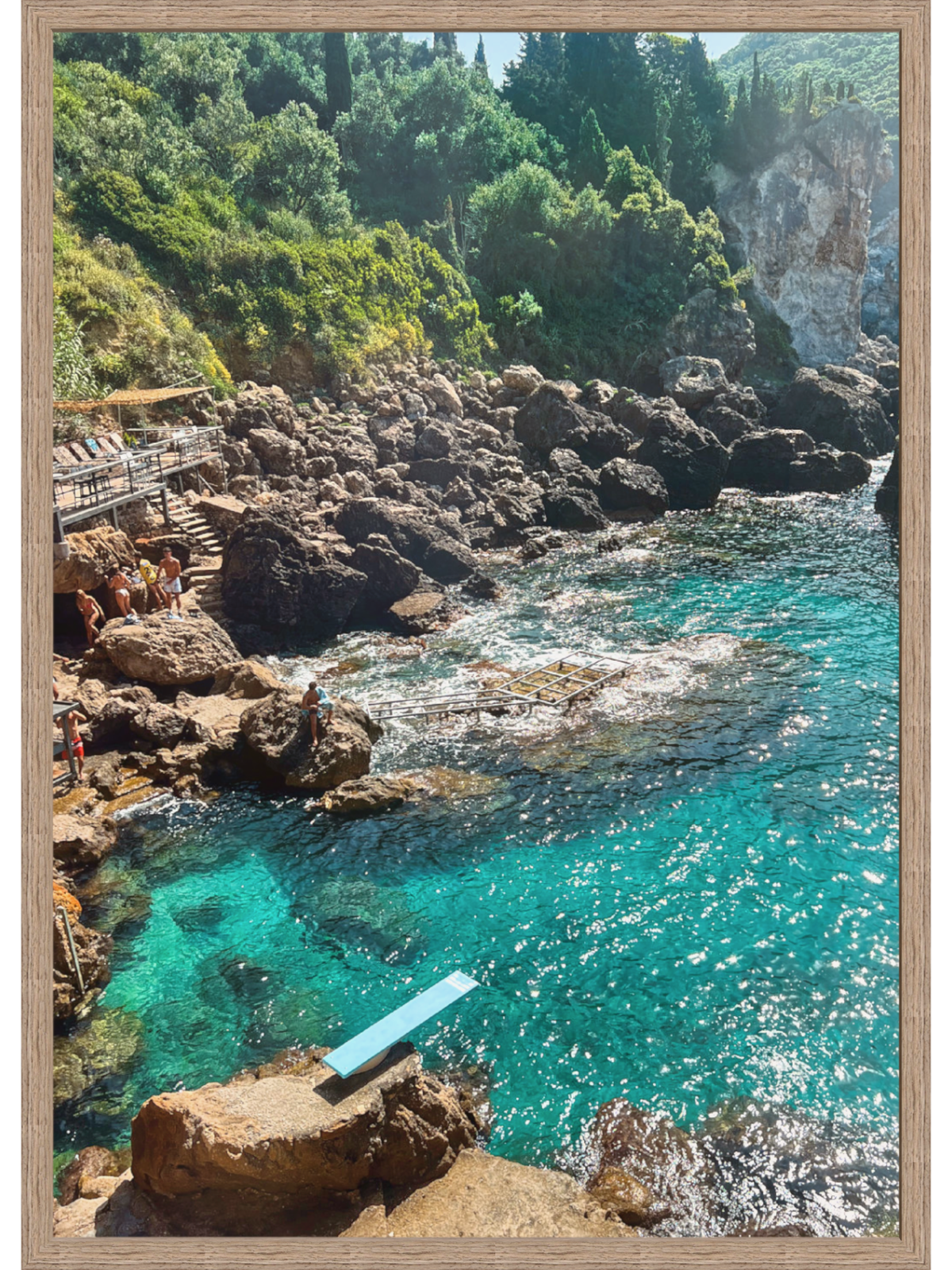 Paleokastritsa Greece coastal wall art print in medium wood frame emphasizing rock formations