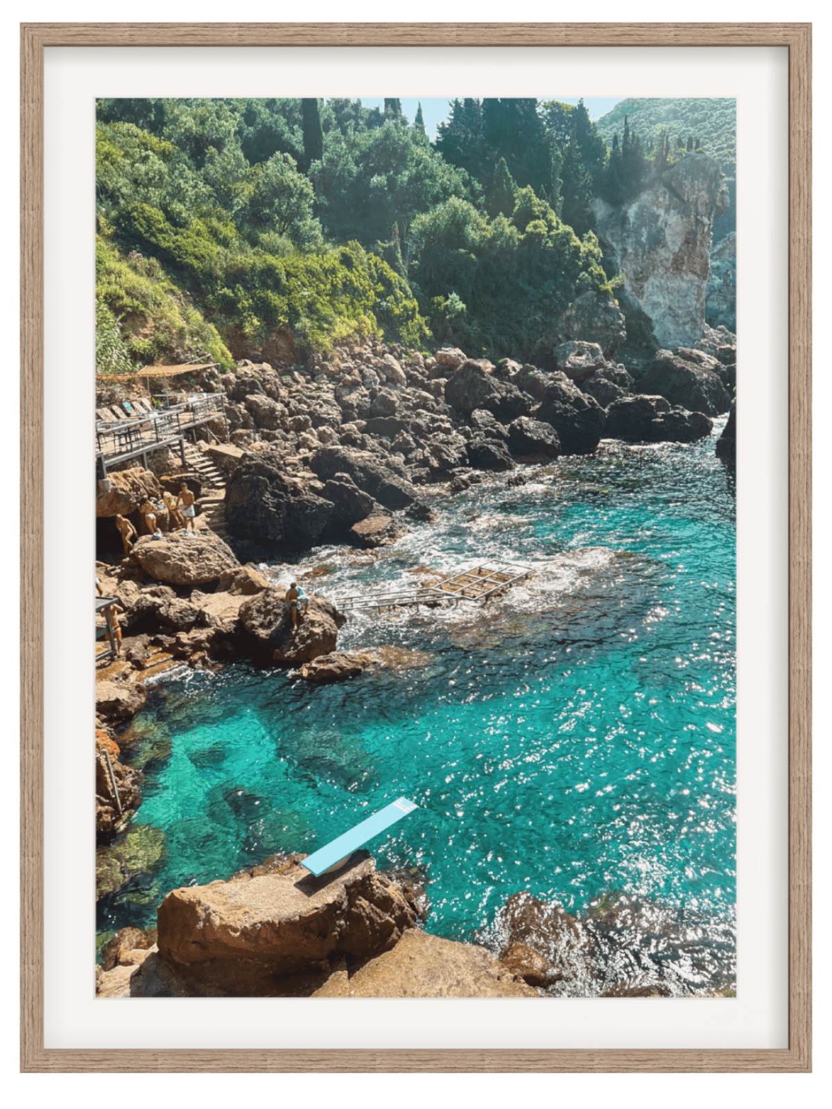 Paleokastritsa Greece coastal wall art print in light wood frame capturing natural textures