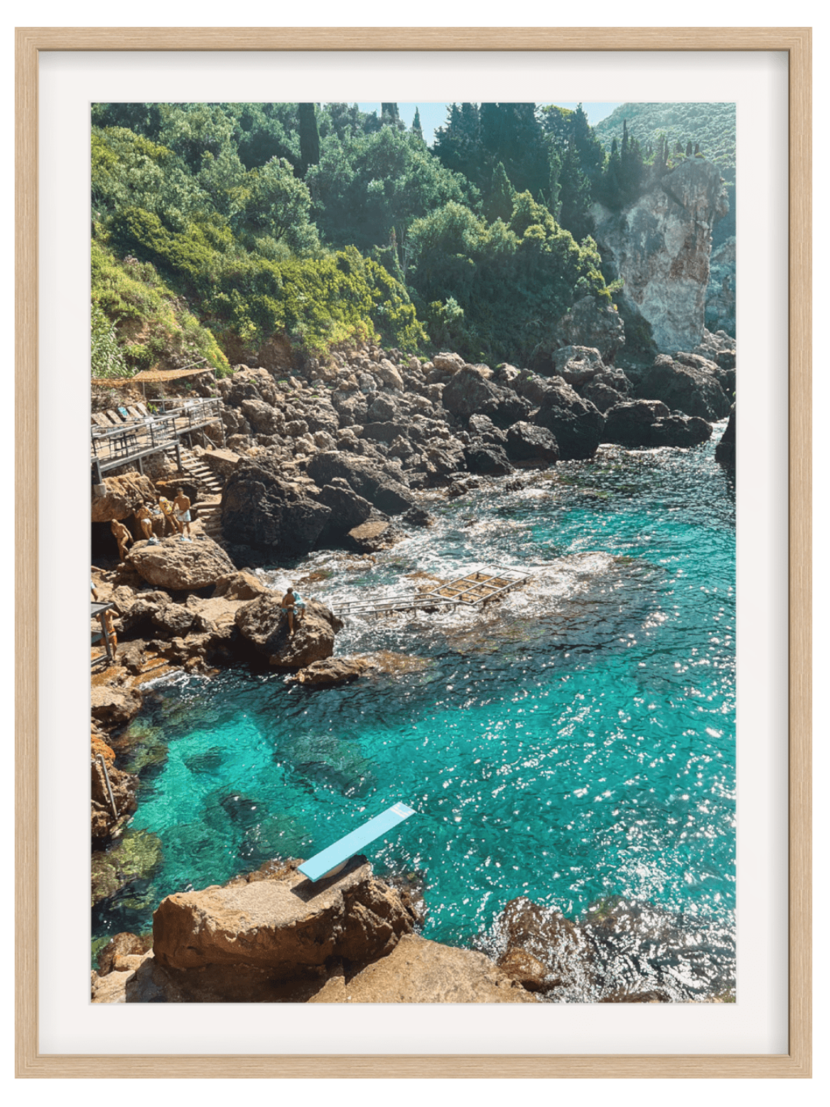 Paleokastritsa Greece coastal wall art print in light wood frame with wide white mat border