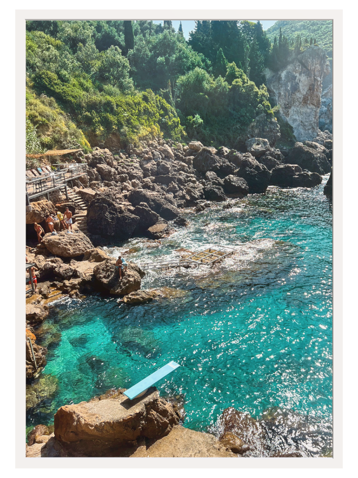 Paleokastritsa Greece coastal wall art print unframed with vibrant turquoise water and rocky cliffs