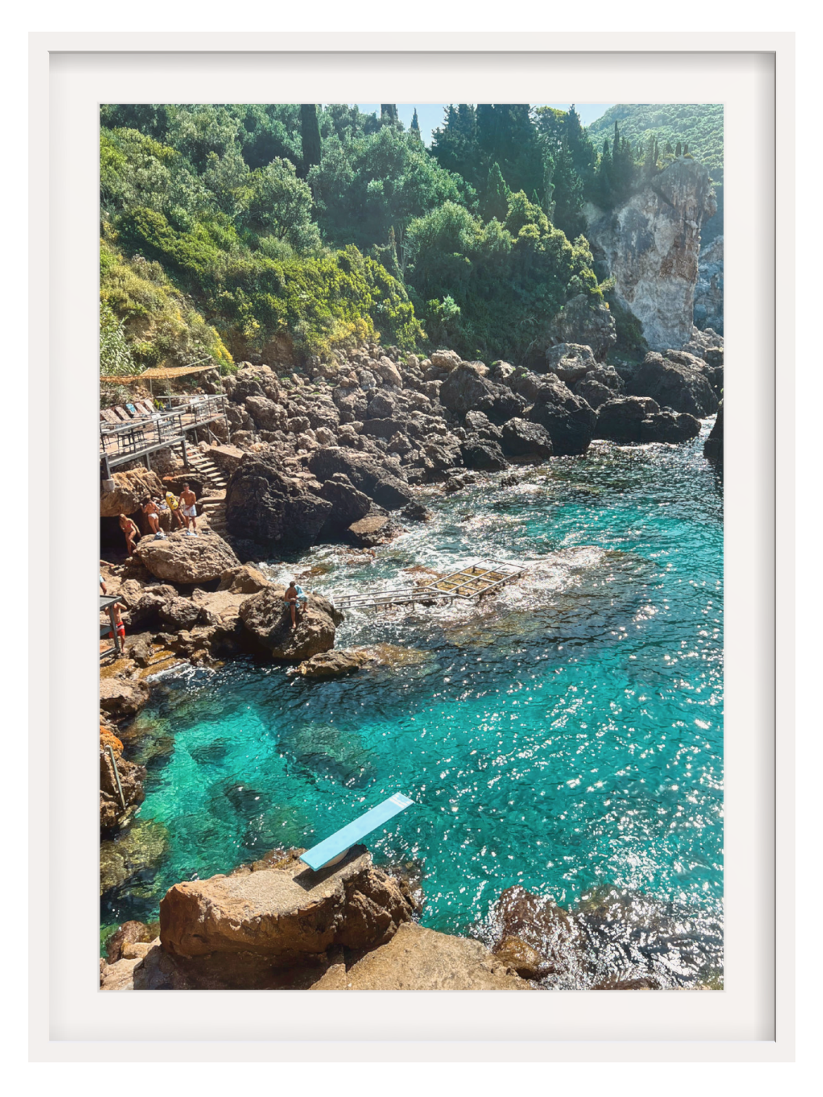 Paleokastritsa Greece coastal wall art print in white frame with high contrast saturated colors