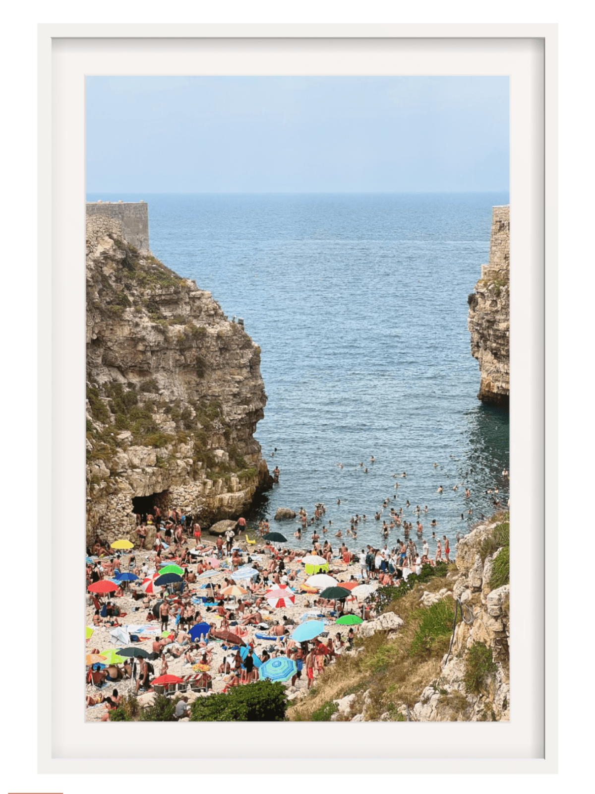 Polignano a Mare Italy narrow inlet wall art in light wood frame centered