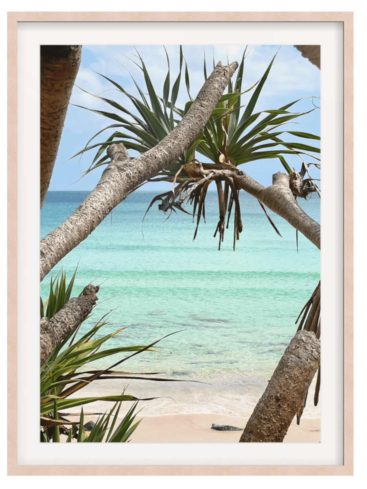 Rainbow Bay Australia framed wall art in light wood frame with wide white mat