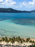 Scenic view of a tropical beach with turquoise and blue ocean water, distant green hills, a sandy shoreline, and a row of palm trees in the foreground under a partly cloudy sky.