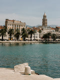 Cityscape with waterfront, palm trees, and a prominent tower.