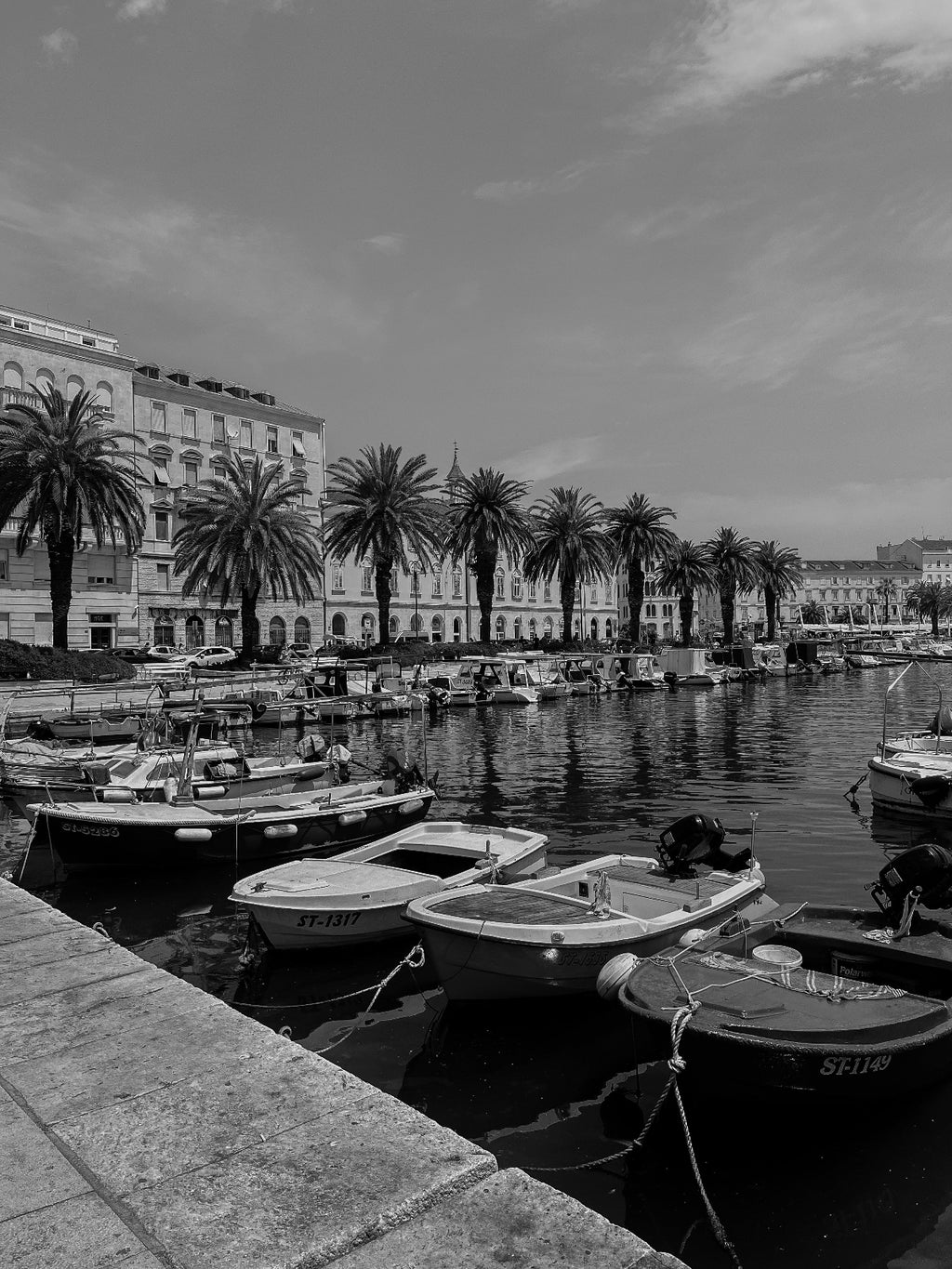 Harbor scene with boats and palm trees in a coastal town.