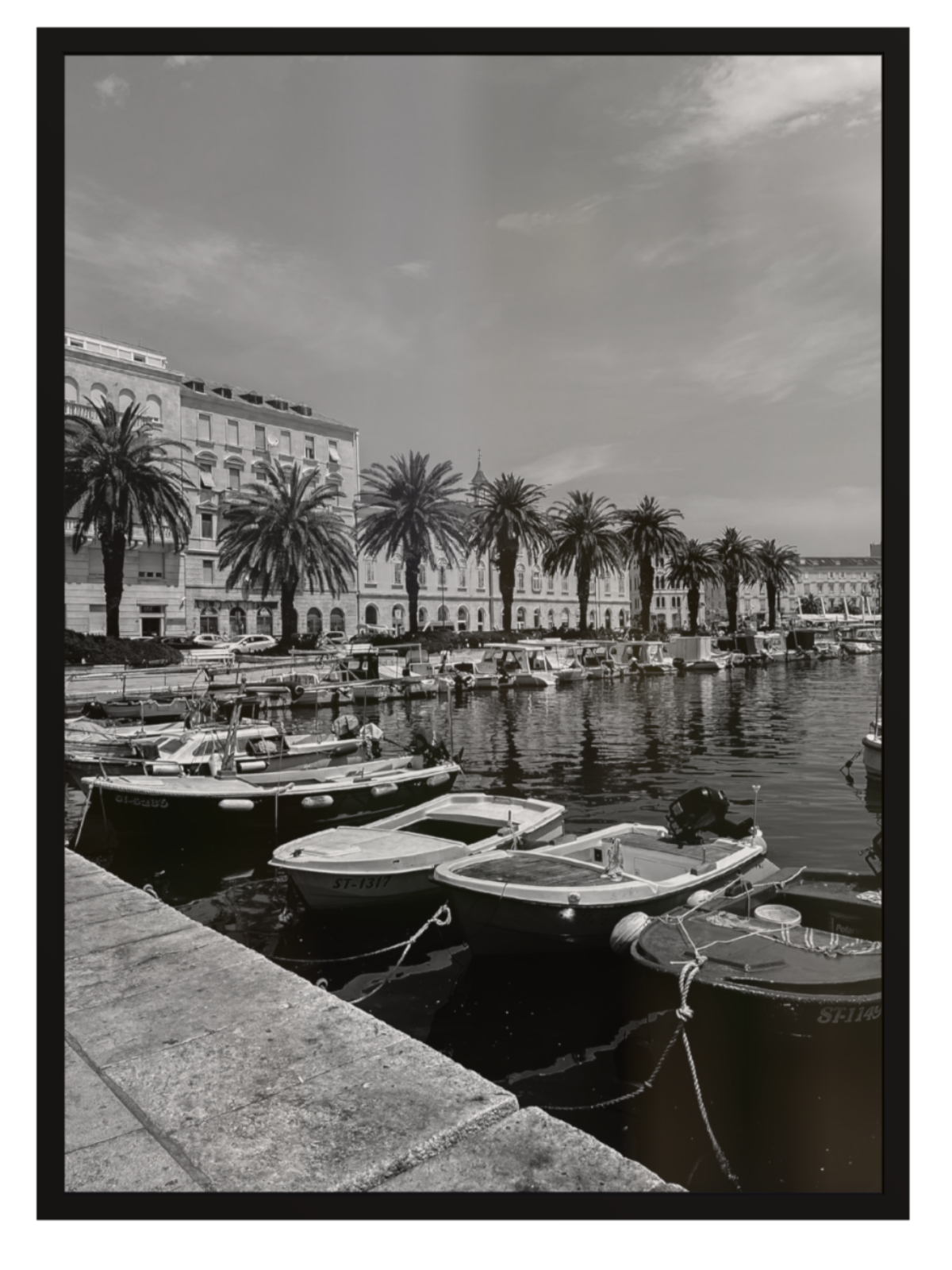 Harbor scene with boats and palm trees in a coastal city. Split boat black frame 
