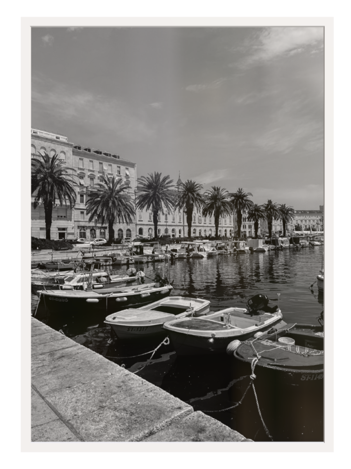 Harbor scene with boats and palm trees in a coastal city.Split boat white frame 