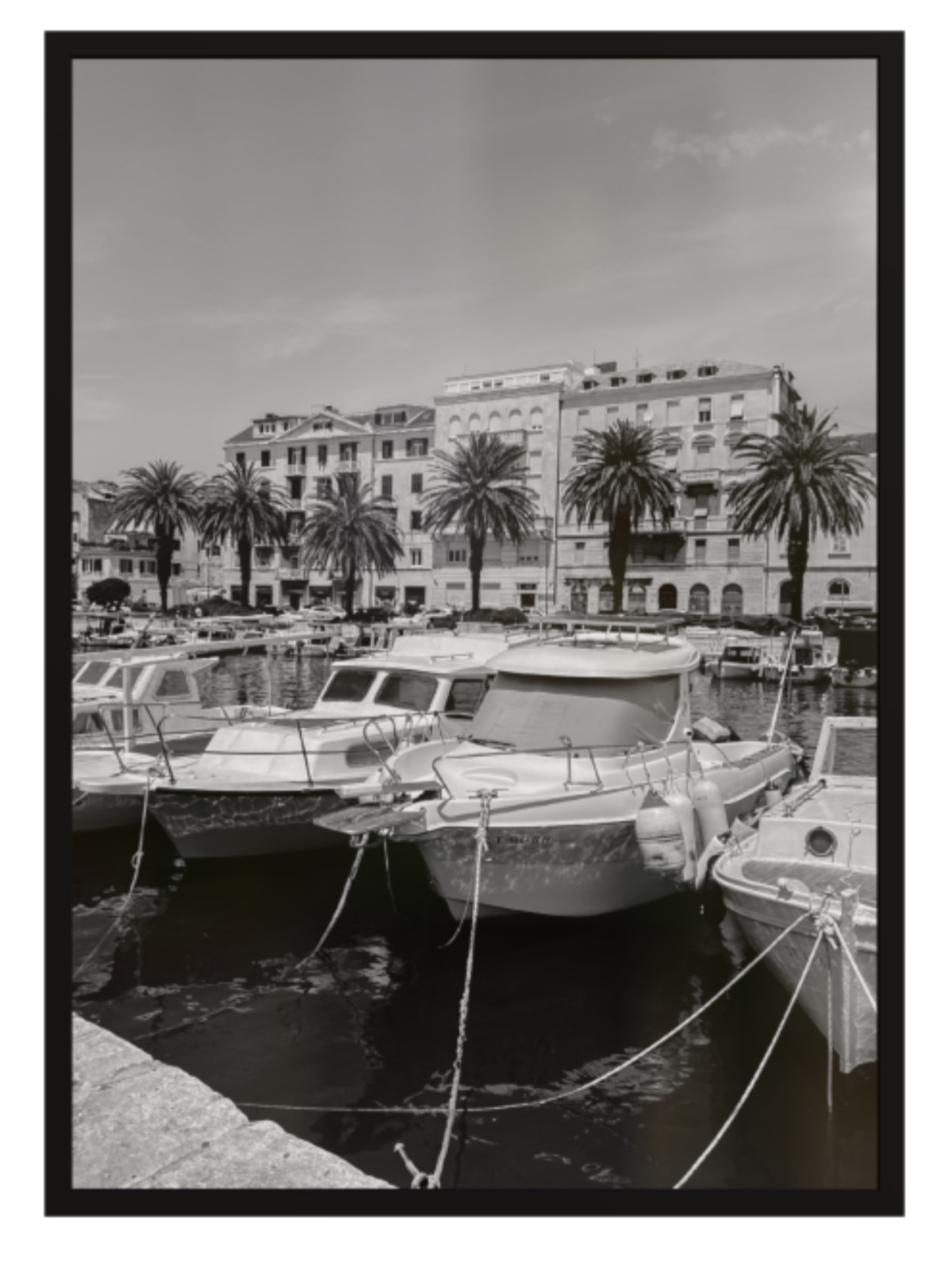 Harbor scene with boats and palm trees in a coastal town. Split harbour black frame