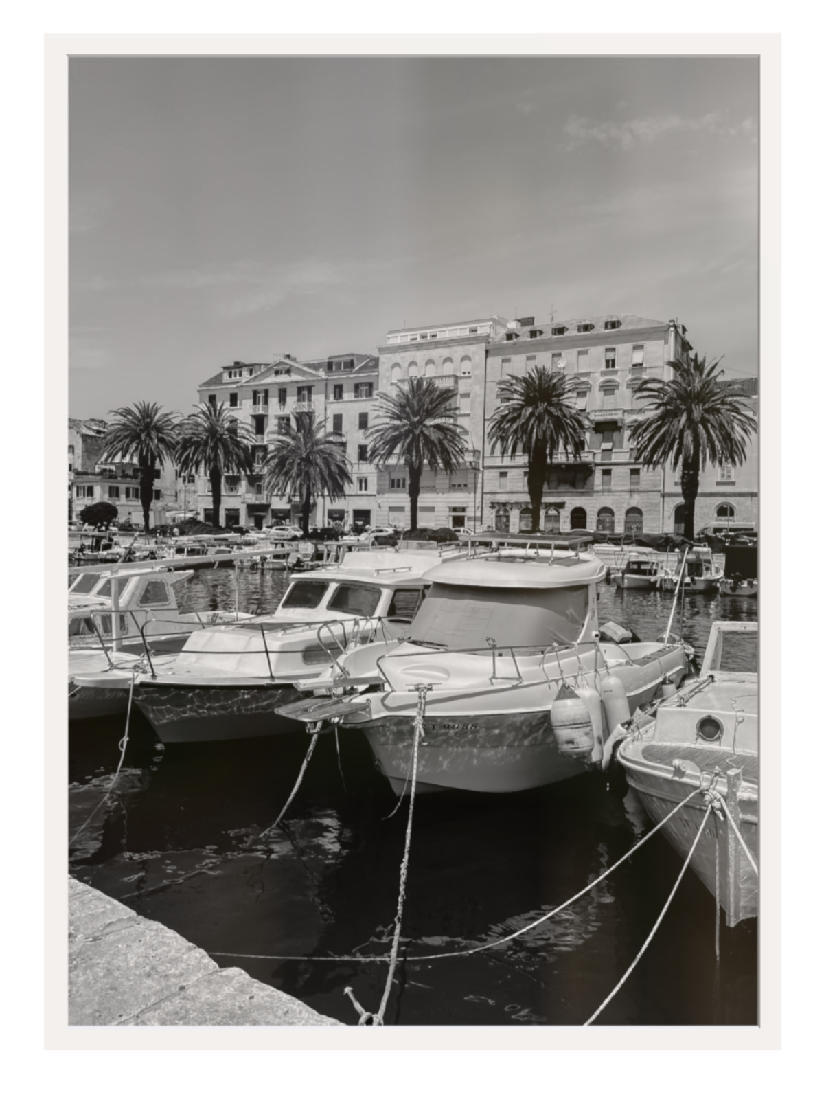 Harbor scene with boats and palm trees in front of a building. white frame