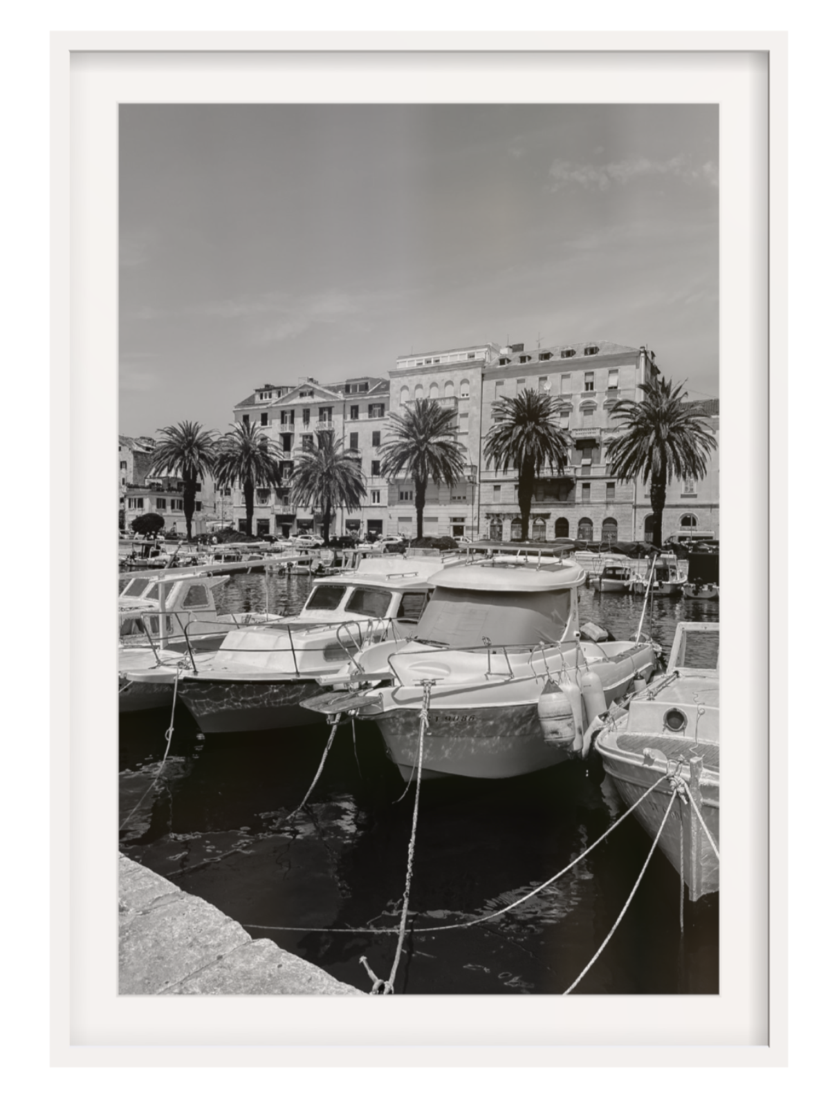 Harbor scene with boats and palm trees in front of a building. Split harbour white frame with border