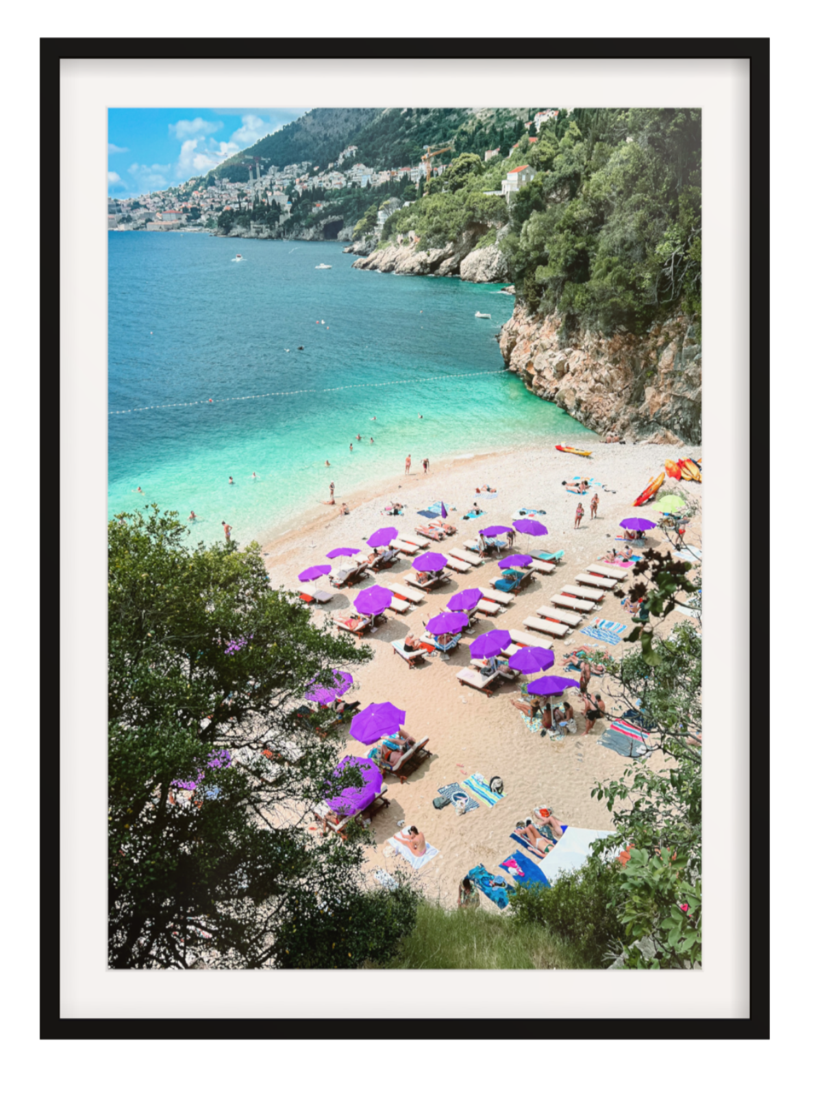 Sveti Jakob beach with umbrellas black frame with border