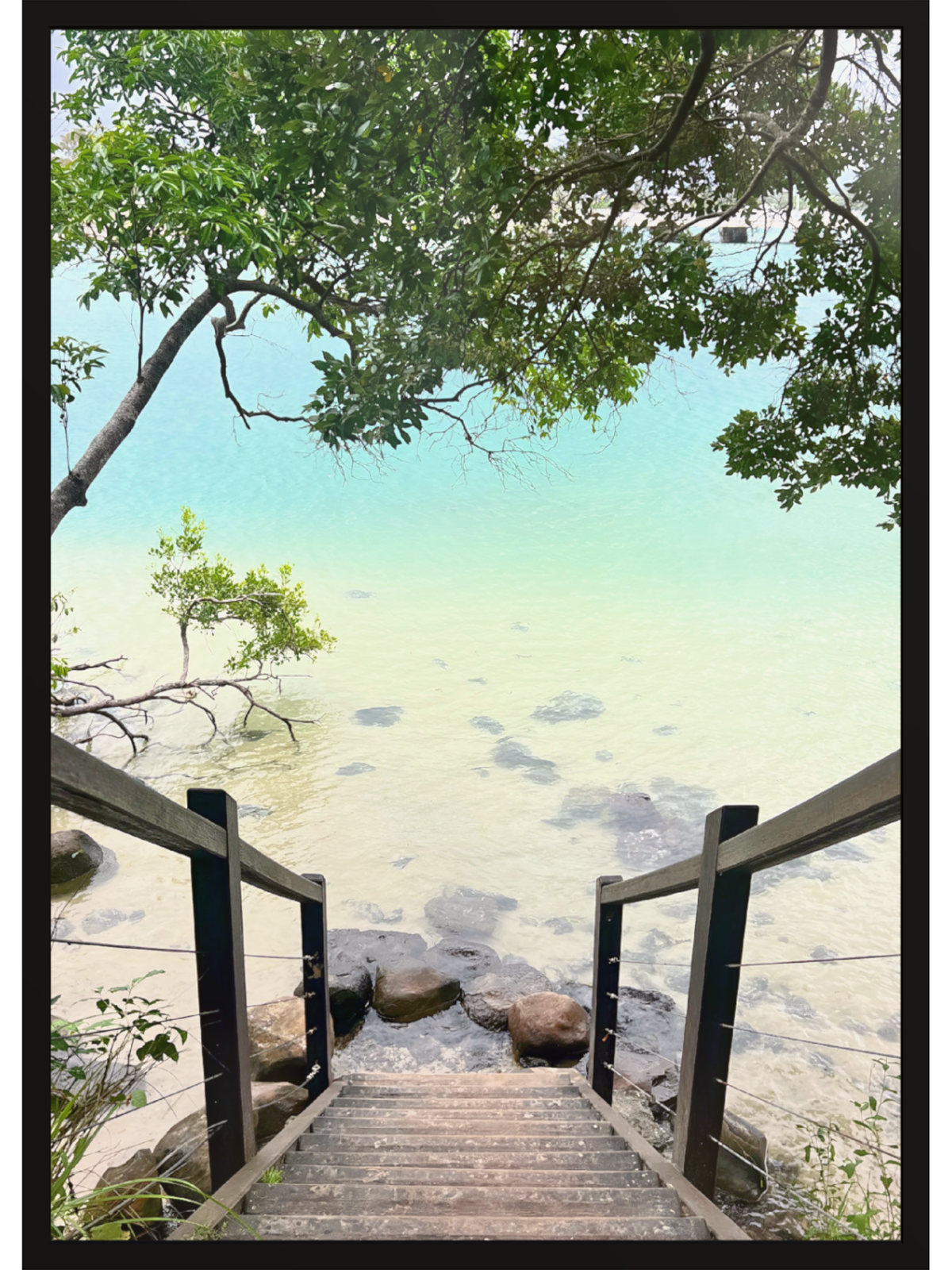 Wooden staircase leading to a beach with trees and water in the background