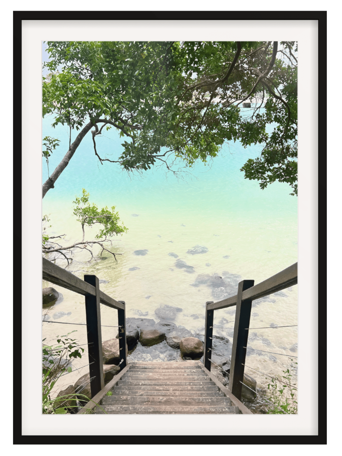 Wooden staircase leading to a beach with trees and rocks on a white background