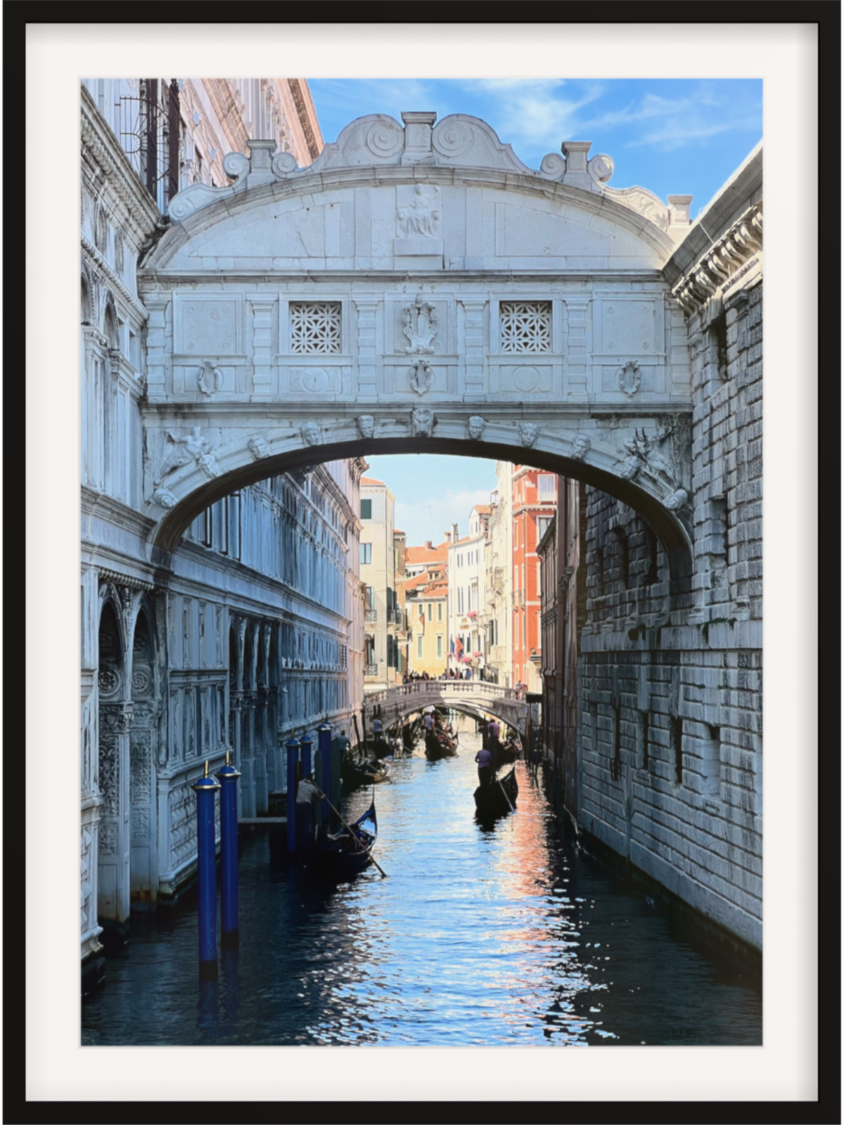 Close-up Venice canal print showing ornate stone bridge details