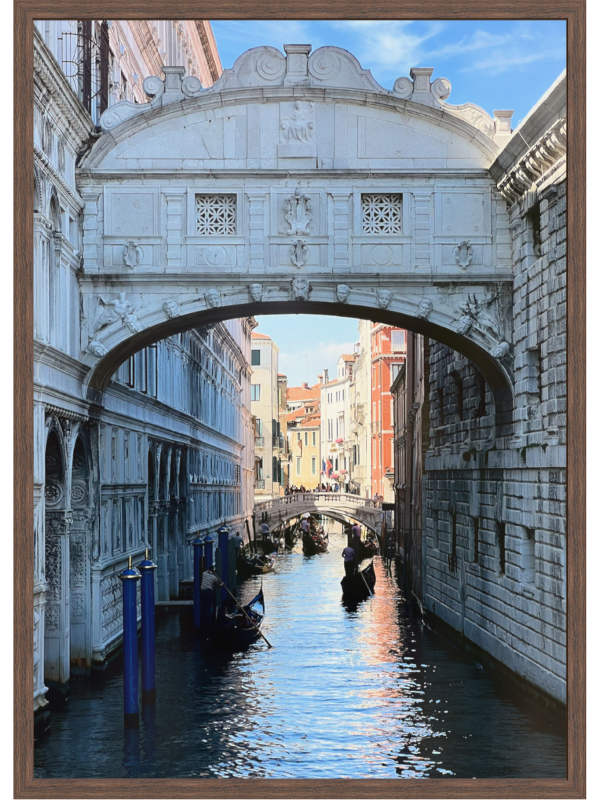 Brown wood framed Venice canal scene with gondola details