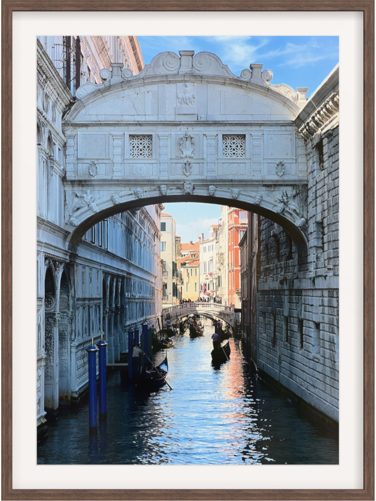 Dark brown wood framed Venice canal print with white mat