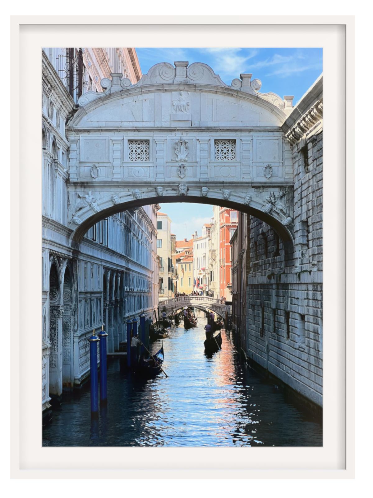 White framed Venice Bridge of Sighs print with gondoliers