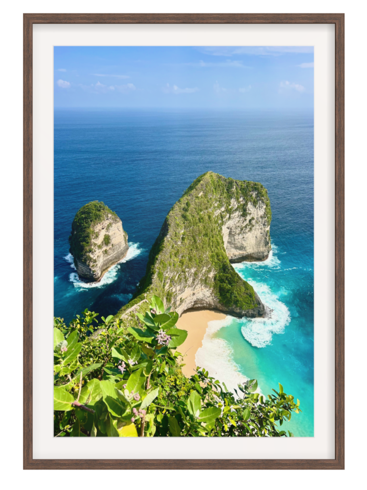chocolate Framed with border photograph of a tropical beach with cliffs and clear blue water.