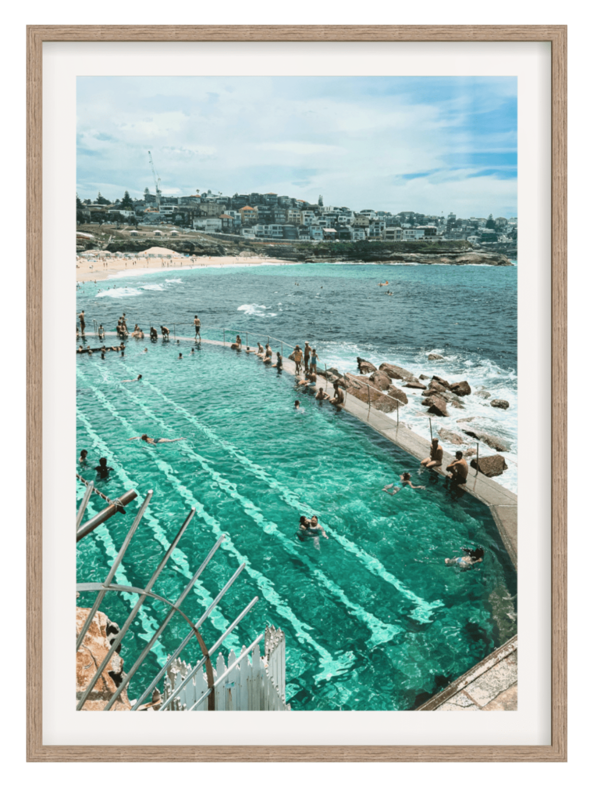 Aerial view Bronte Ocean Baths framed print light wood