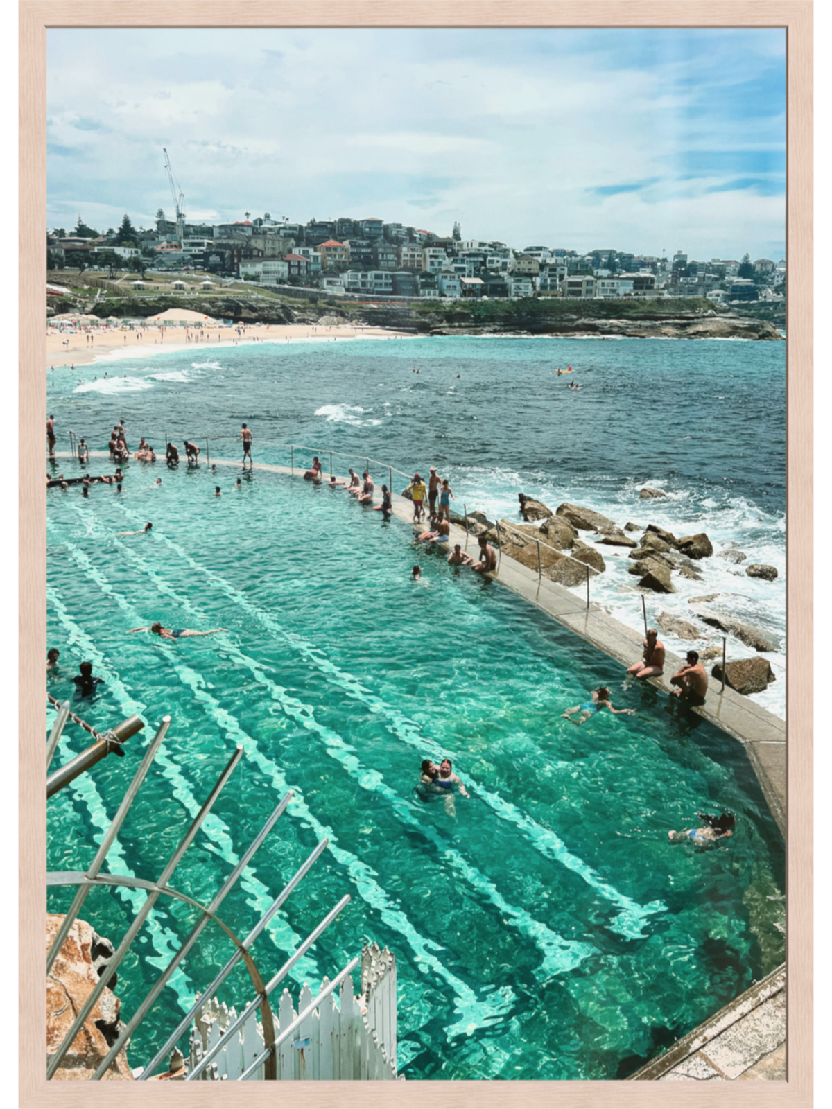 Bronte Ocean Baths framed print with light wood frame and white mat