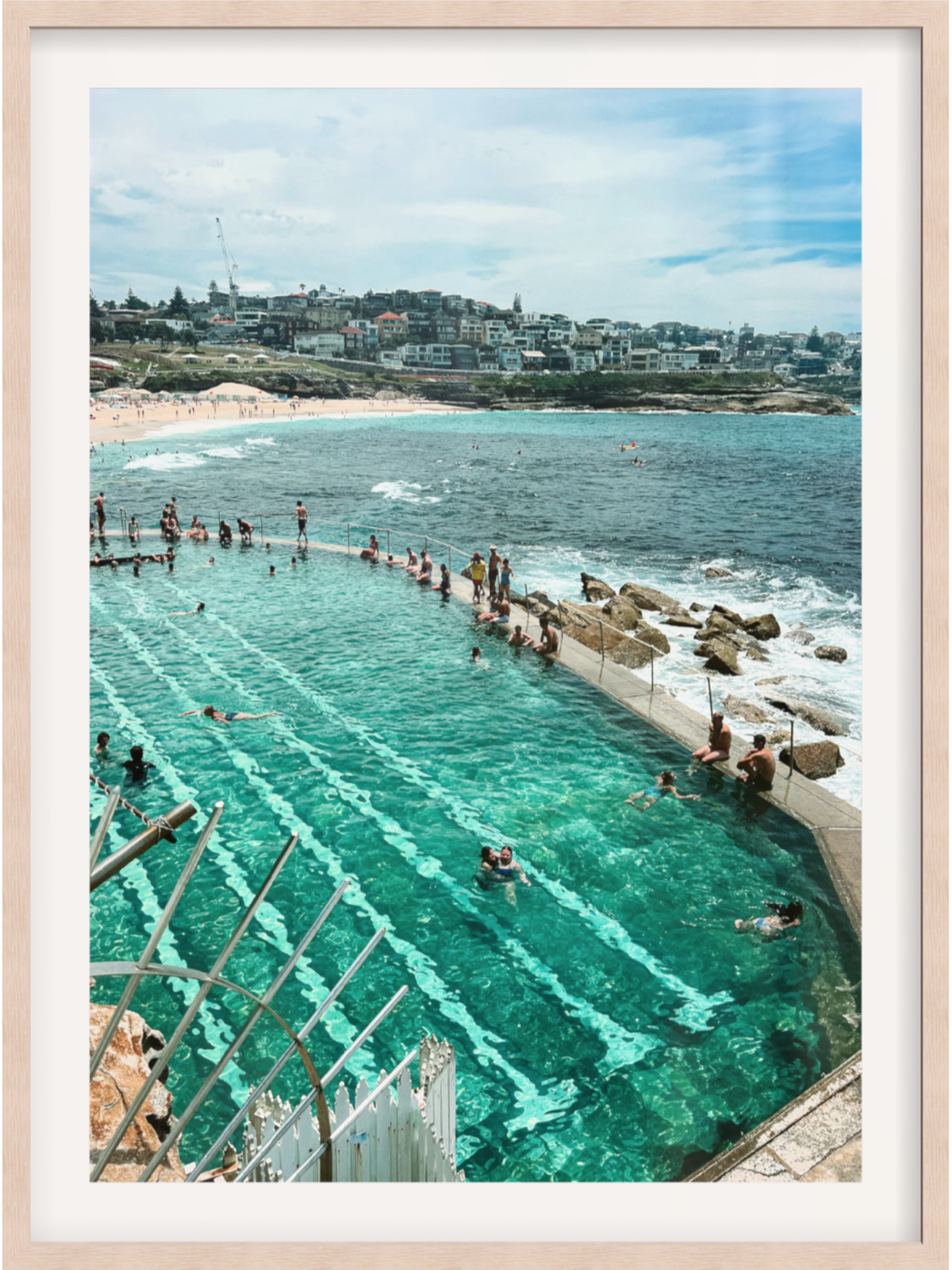 Sydney Bronte Ocean Baths aerial framed print light wood