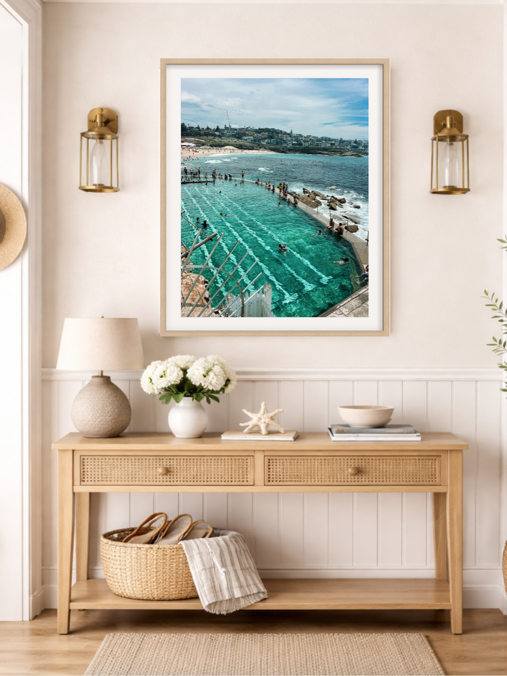 Bronte Ocean Baths framed print styled on wall console