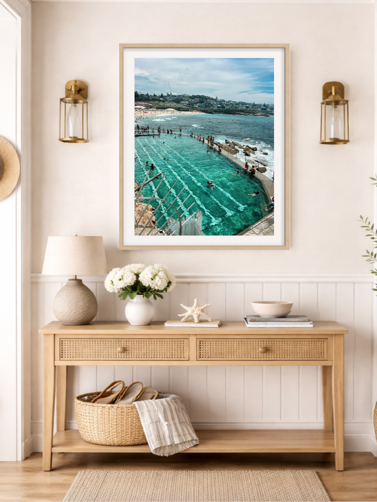 Bronte Ocean Baths framed print styled on wall console