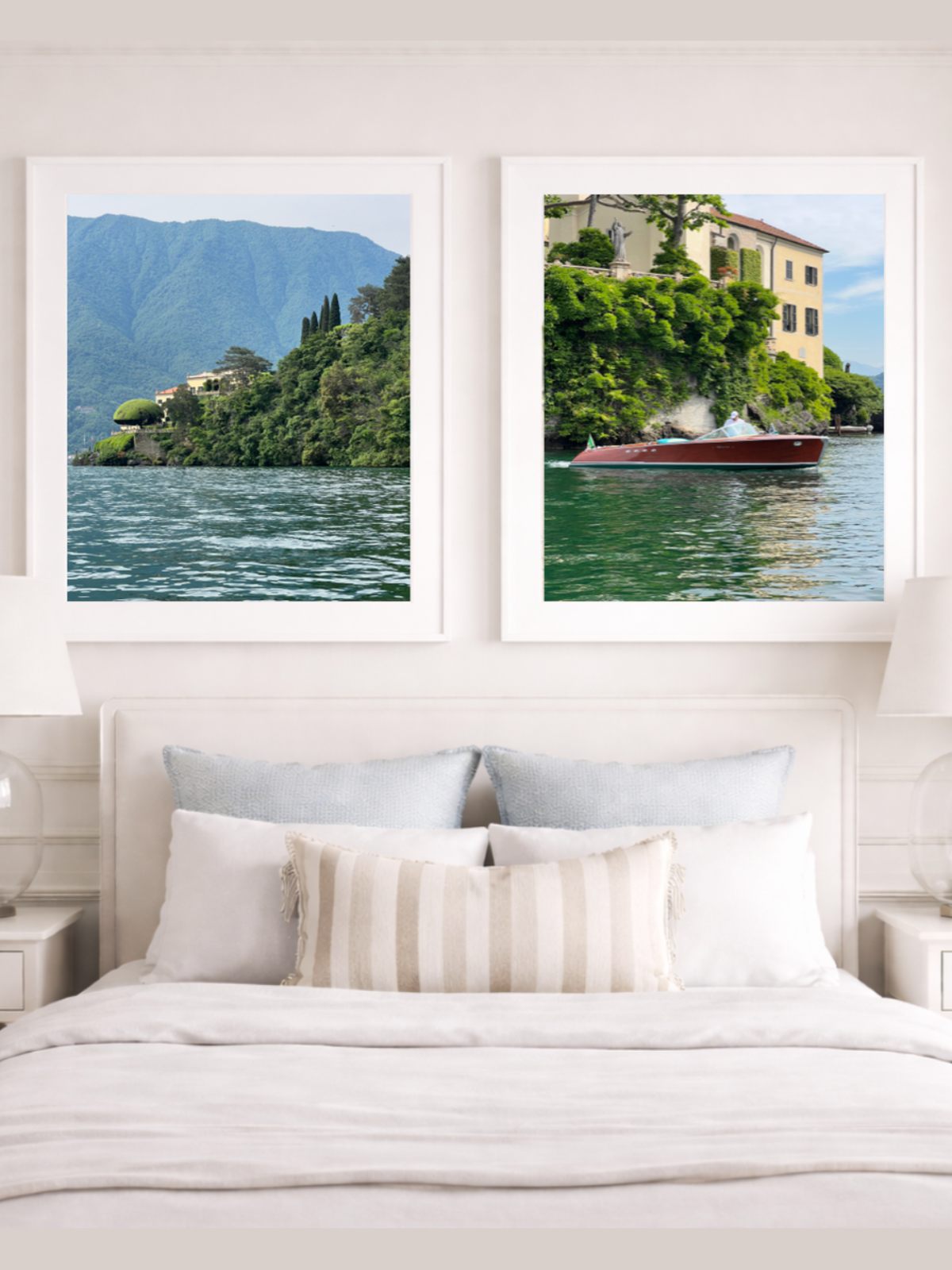 Two framed landscape prints above a bed in a bedroom setting.