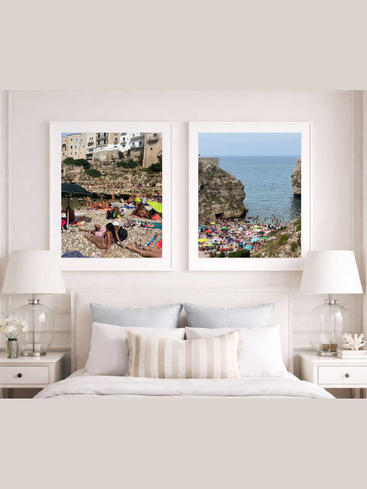 Two Polignano a Mare Italy wall art prints displayed above bedroom bed