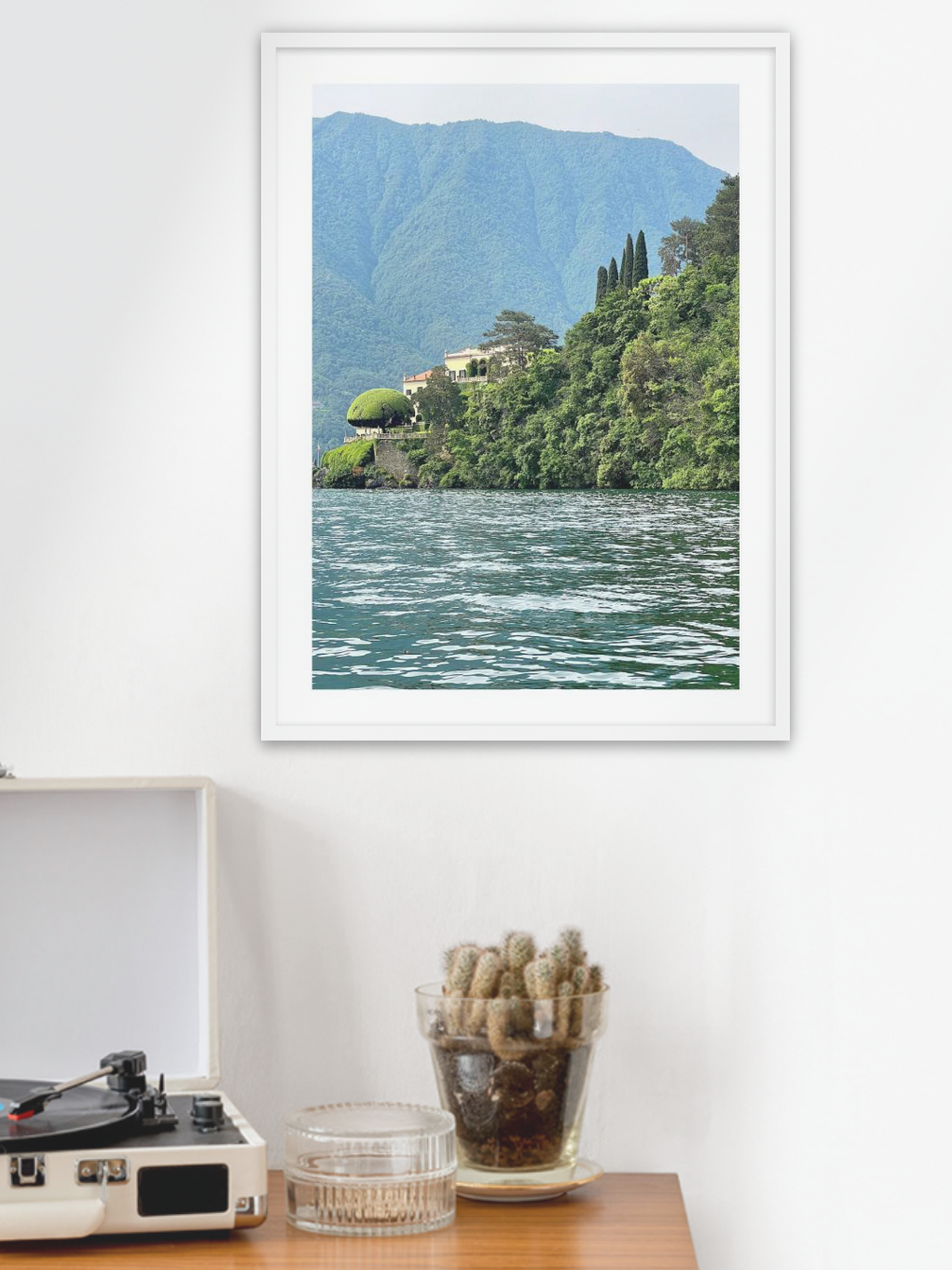Framed photograph of a scenic lake with mountains on a white wall above a wooden surface with a record player and plants.